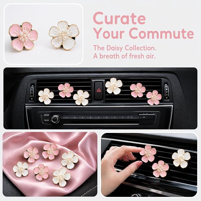 6PCS Daisy Flower Air Vent Clips, Cute Car Freshener Diffuser for Women Girls, Air Conditioning Outlet Clip for Interior Decor (Pink & White)