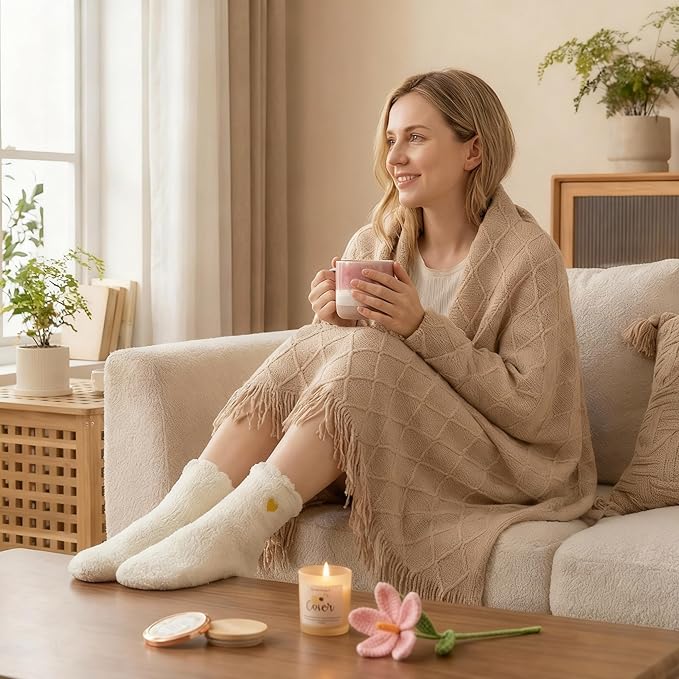 Christmas & Birthday Gifts for Women, Self Care Gift Basket Get Well Soon Care Package - Luxury Spa Set with Knitted Blanket, Fuzzy Socks, Mug, Candle, Scrunchie for Her, Mom, Best Friend