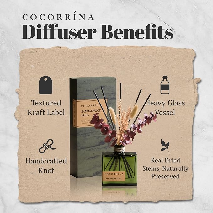 COCORRÍNA Reed Diffuser, 6.76 oz Sandalwood Rose Scent Reed Diffuser with 6 Sticks & Dried Flowers, Long Lasting Elegant Fragrance Home Décor for Bathroom Bedroom Office