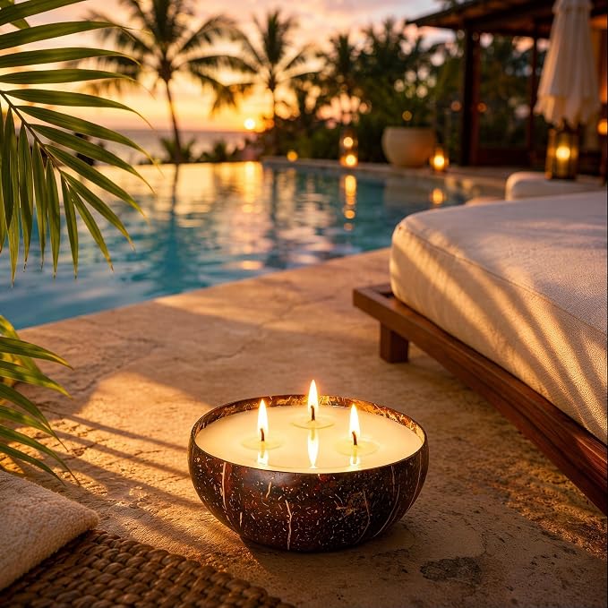 Viyffo Large Lemongrass Citronella Candles Outdoor, 3 Wick 18oz Citronella Candle Indoor, Non Toxic Soy Scented Candle, Natural Coconut Shell Jar for Patio, Garden, Backyard & Camping Décor & Gift