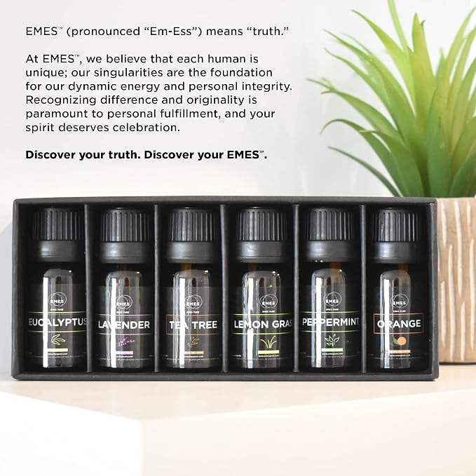 EMES Pure Essential Oil Gift Set | Natural Therapeutic Grade Oils for Diffuser, Skin Care, Massage, Home Fragrance, Humidifier, Aromatherapy | Proudly Made in The USA | 6 Pack
