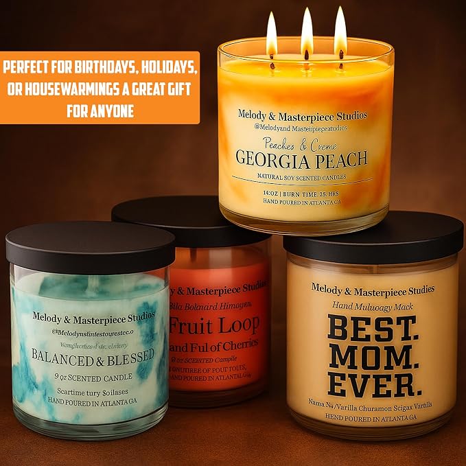 Melody & Masterpiece Studios Scented Candle Jar (14.5oz) – Natural Soy Wax Candle Jar with Lid – Long-Lasting 35 Hours Burn Time – Ideal for Backyard, Patio, Decks & Indoor (Georgia Peach).