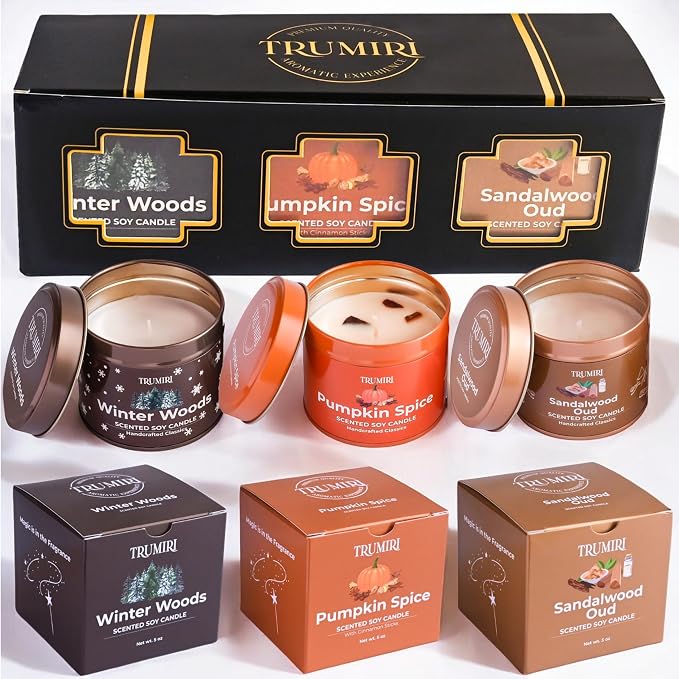 Winter Woods, Pumpkin Spice, Sandalwood Oud - Soy Candles Non Toxic - Highly Scented Long Lasting with Essential Oils - Variety Pack of 3 x 5oz - for Home Aromatherapy Meditation Gift Travel