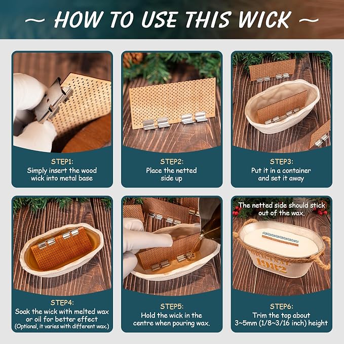 4 Set Large Wood Candle Wick Grid Design Large Wooden Wick 3.9x2.0inch / 100x50mm (Width*Height), Natural Crackling Wood Wick Core with Iron Stands for Soy Candle Making Candles Supplies