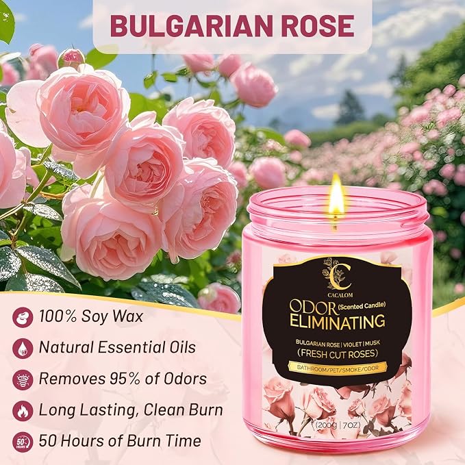 Rose Odor Eliminating Candles, Pet Scented Candles for Home, Single Wick Soy Candle Gifts for Women, Men, Ideal for Creating Relaxing Atmosphere, Over 50 Hours of Burn Time