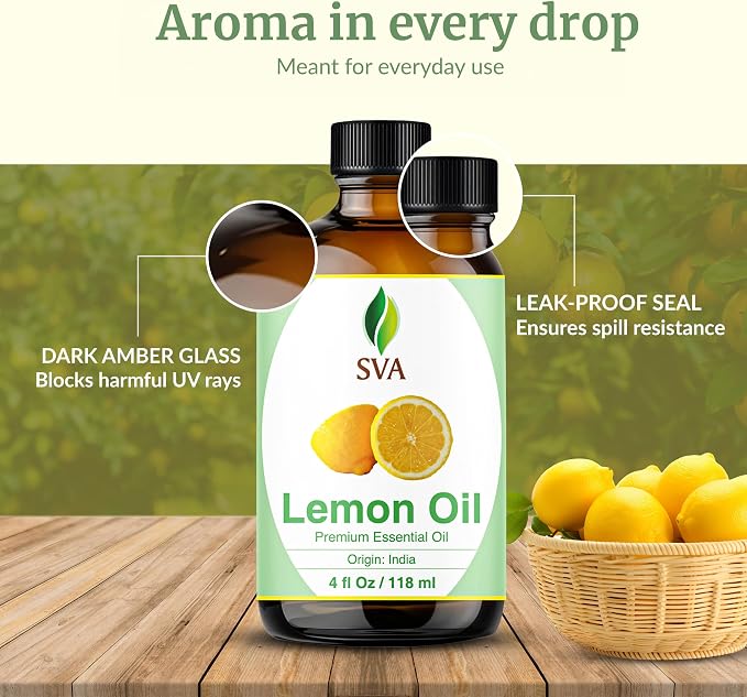SVA Lemon Essential Oil – 4 Fl Oz - for Diffuser, Skin & Hair Care – Ideal for Massage & DIY Blends – with Dropper