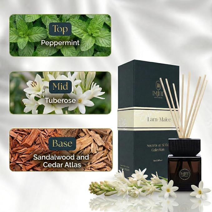 Larn-Malee Reed Diffuser Set by IMJITT, Secrets of SIAM Collection, Luxury Room Diffuser with Tuberose and Sandalwood, Authentic Thai Botanicals for Home Office Decor and Elegant Ambiance