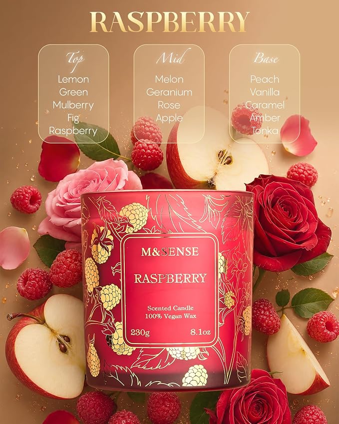 M&SENSE Raspberry Scented Vegan Soy Candles, No Toxin Refreshing Fragrance, 8.1oz 42-Hour Long Burning, Stress Relief Summer Home Candles, Housewarming Gift for Men & Women