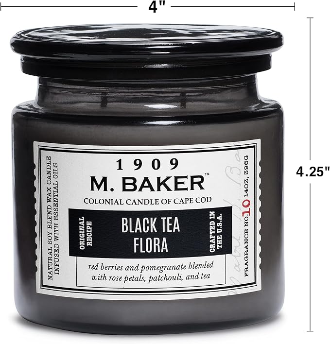 Colonial Candle Black Tea Flora Scented Jar Candle | 2-Wick Natural Soy Blend Wax Candle for Home | Relaxing Aromatherapy Candle Infused with Essential Oils | M. Baker Apothecary Glass Jar Candle