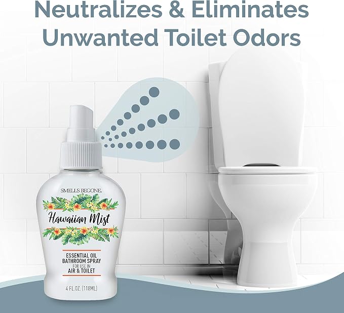 SMELLS BEGONE 4 oz Essential Oil Bathroom Spray - Instantly Eliminate Toilet & Bathroom Odors - Air Freshener Made with Essential Oils (Hawaiian Mist)