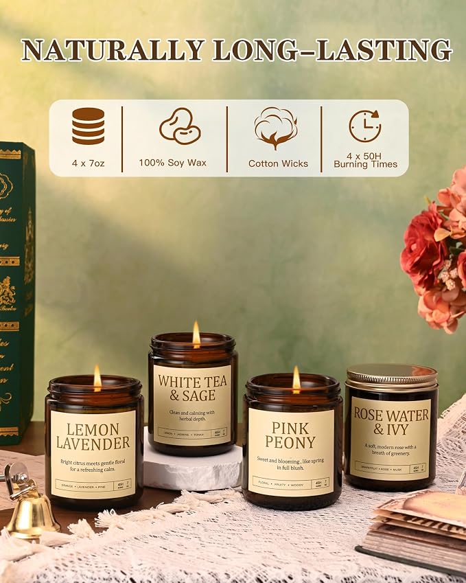 4 Pack Scented Candles for Women: 28oz Natural Soy Candles for Home Scented, Up to 200H Burning, Aromatherapy Candle Set, Jar Candle Gift Set for Bath Meditation, Birthday Valentine's Day Gifts