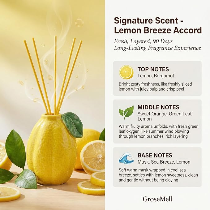 Lemon Scented Reed Diffuser Set – 6.76 fl oz (200ml) with Sticks, Creative Lemon-Shaped Ceramic Design for Home, Bedroom & Bathroom Decor, Long Lasting Aromatherapy Gift