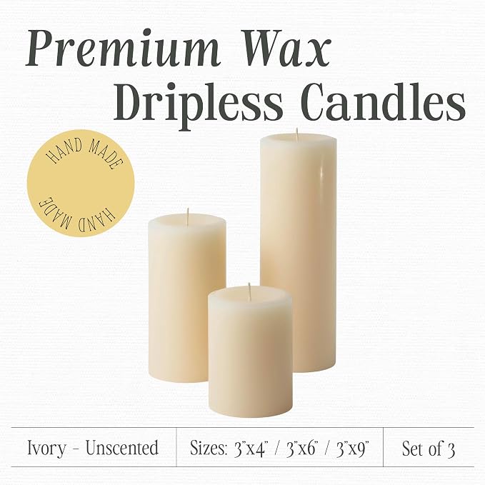 Mister Candle Ivory Unscented Dripless Candles Set of 3, 3 Inch Diameter, Hand Poured, Premium Wax, Decorative Pillar Candles (3" x 4", 3" x 6", and 3" x 9", Ivory)