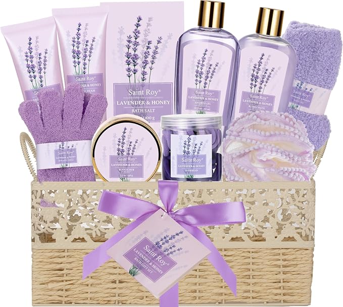 Lavender Bath and Body Gift Basket, Face Skin Care Set, Spa Kit, Self-Care | Bath Gift Baskets, Spa Gifts for Women, Spa Kit, Spa Gifts for Women Bath and Body Lavender Honey Gift Set, Mom, Girlfriend