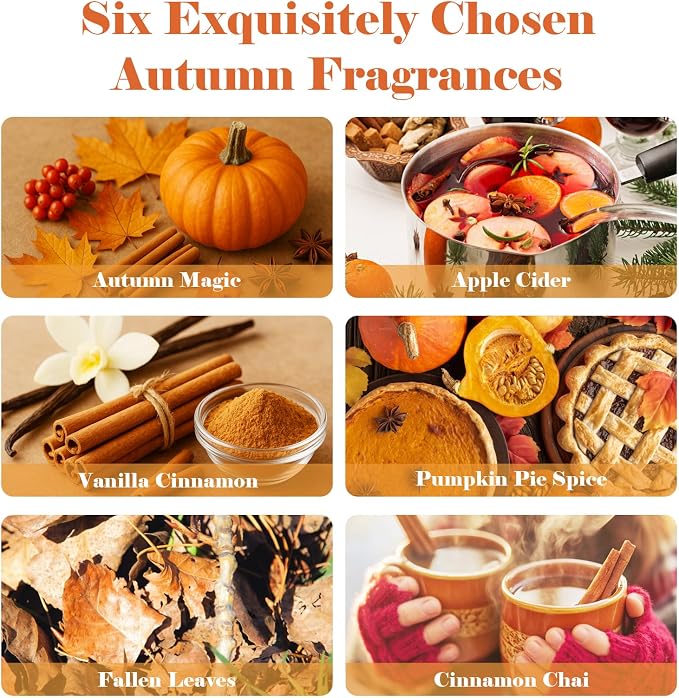AmaKane Fall Fragrance Oil, Autumn Essential Oils for Diffuser, Soap Candle Making Scents, Pumpkin Pie Spice, Vanilla Cinnamon, Apple Cider, Fallen Leaves, Autumn Magic, Cinnamon Chai, 6x10 ml