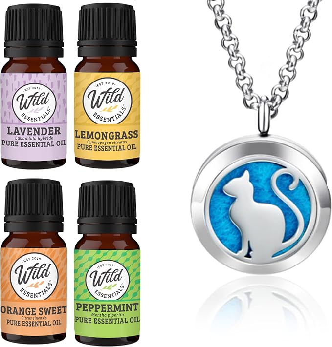 Wild Essentials Pretty Kitty Cat Necklace Essential Oil Diffuser Kit, Lavender, Lemongrass, Peppermint, Orange Oils, 12 Refill Pads, Calming Aromatherapy Gift Set, Customizable Color Changing, Perfume