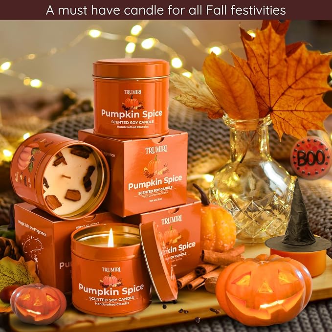 Pumpkin Spice - Cinnamon Soy Candles for Home Scented - for Fall Halloween Thanksgiving Holidays - Pack of 3 x 5oz Natural Clean Non Toxic Long Lasting Highly Scented Candels with Essential Oils