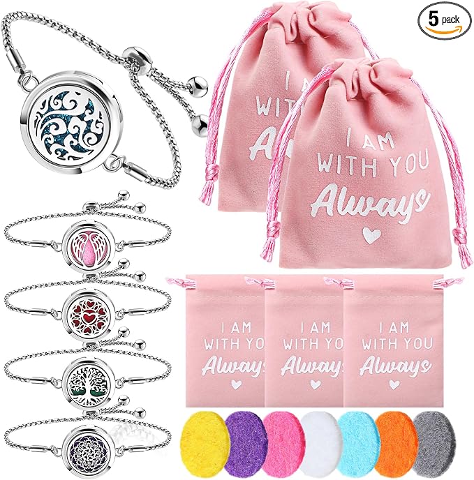 Yinkin 5 Set Essential Oil Diffuser Bracelet Gift for Mother Day Anxiety Relief Gifts 50 Pcs Refill Pads Stainless Steel Aromatherapy Locket for Mother Gift