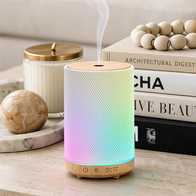 Essential Oil Diffuser 150ml, Fabric Texture Ultrasonic Aromatherapy Diffuser with 1/2/4H Timer, 7 Color Lights, Auto Shut-Off, Ultra-Quiet for Bedroom Home Office (Wood)
