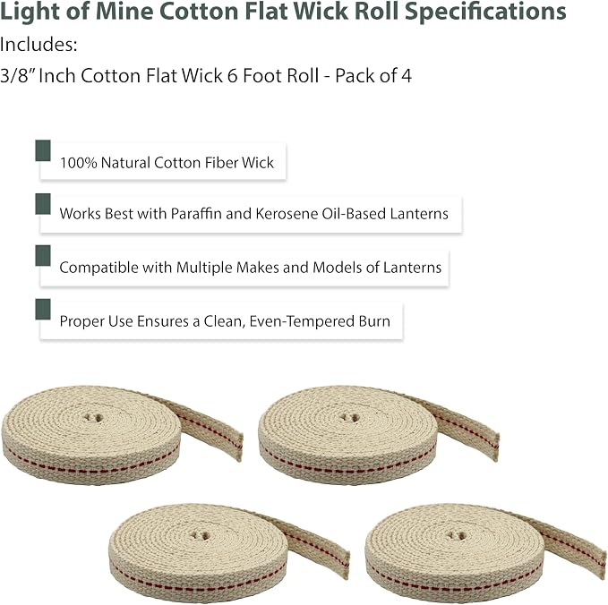 Light of Mine - 3/8" Inch 6' Foot, 100% Cotton Flat Wick - 4 Pack, for Paraffin Oil, Kerosene Based Lanterns, and Oil Lamps with Genuine Red Stitch (3/8" - 6' Roll, 4 Pack)