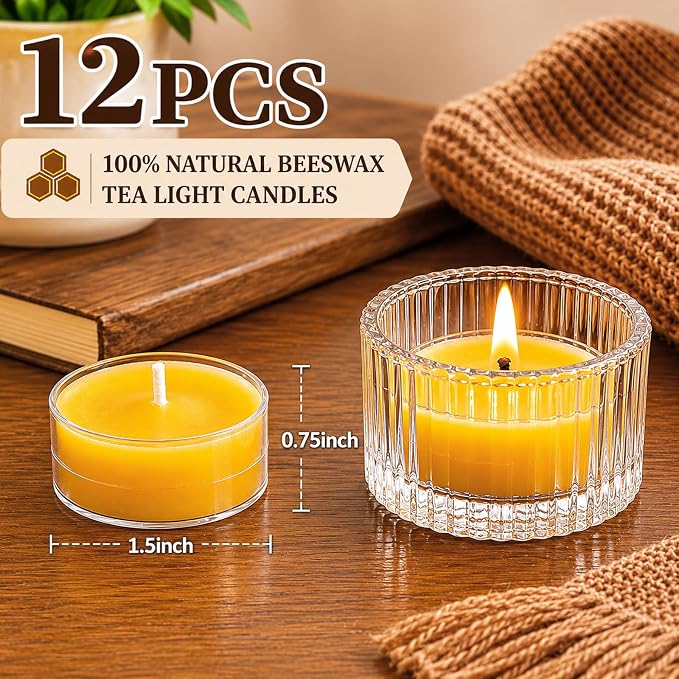 Beeswax Tea Candles 12 Pack, Non Toxic Bees Wax Tealight Candle for Home with 4 Hour Burn Time, Natural Tea Light Bulk for Emergency, Organic Yellow Candle for Relaxing, Meditation