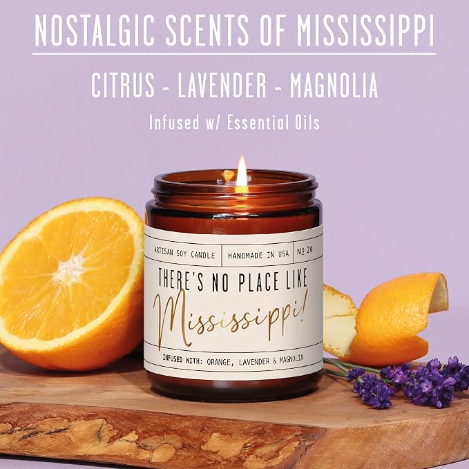 Mississippi Gifts, Mississippi Decor for Home - 'There's No Place Like Mississippi Candle, w/Citrus, Lavender & Magnolia I Mississippi Souvenirs I Mississippi State Gifts I 9oz Jar 50Hr Burn, USA Made