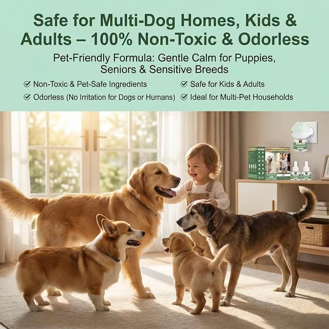 Dog Calming Diffuser Plug-in with Gentle Night Glow, 3 Refills Kit for Behavioral Support, Stress Soothing Aid for Pets During Travel, Thunder, Vet Visits, Fireworks, Safe Formula, 90 Days Supply