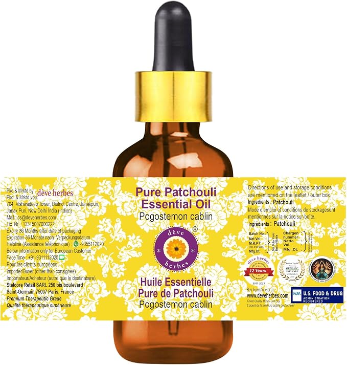 Deve Herbes Pure Patchouli Essential Oil (Pogostemon cablin) with Glass Dropper Steam Distilled 100ml (3.38 oz)