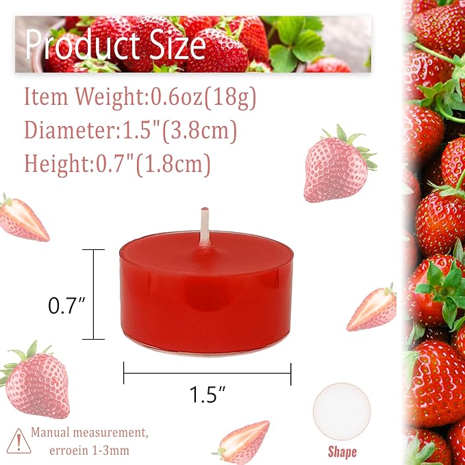 Tea Lights Red Tea Candles Set of 24 – Tealight Candles with Strawberry Scent, Long Burning Handmade Tealights for Wedding Meditation Home Decor Gift
