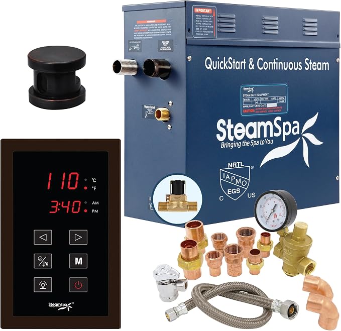 7.5kW Steam Sauna Generator Premium Bundle 240V Steam Generator with Touch Pad Control, Steamheads, Pressure Relief Valve, Built-in Auto Drain and Plumber Quick Install Kit PRT750OB-A