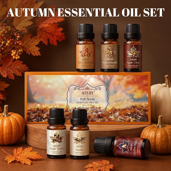 Auelife Fall Essential Oils Set for Diffusers for Home, 6 x 10ml Fall Scents with Pumpkin Spice, Vanilla, Apple Cider & Maple Butter for Candle Making, Soap Making,Holiday Gift Set