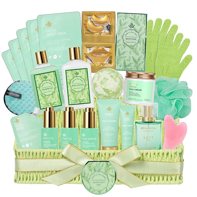 Gifts for Women & Men, 32 Pcs Tea Tree Spa Gift Basket for Women & Men, Fathers Day Gifts for Dad, Hydrating Face Skin Care Kit, Bath & Body Gift Basket Set, Self-Care Gift Set, Birthday, Anniversary