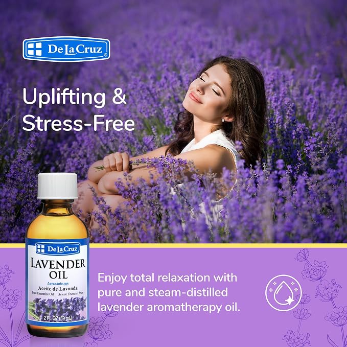 De La Cruz Lavender Essential Oil Steam-Distilled - 100% Pure Lavender Oil for Aromatherapy 2 Fl Oz (Pack of 1)