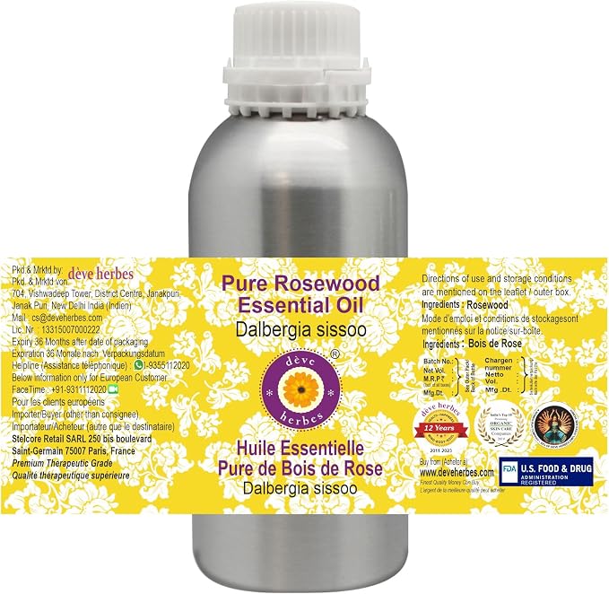 Deve Herbes Pure Rosewood Essential Oil (Dalbergia Sissoo) Steam Distilled 300ml (10 oz)