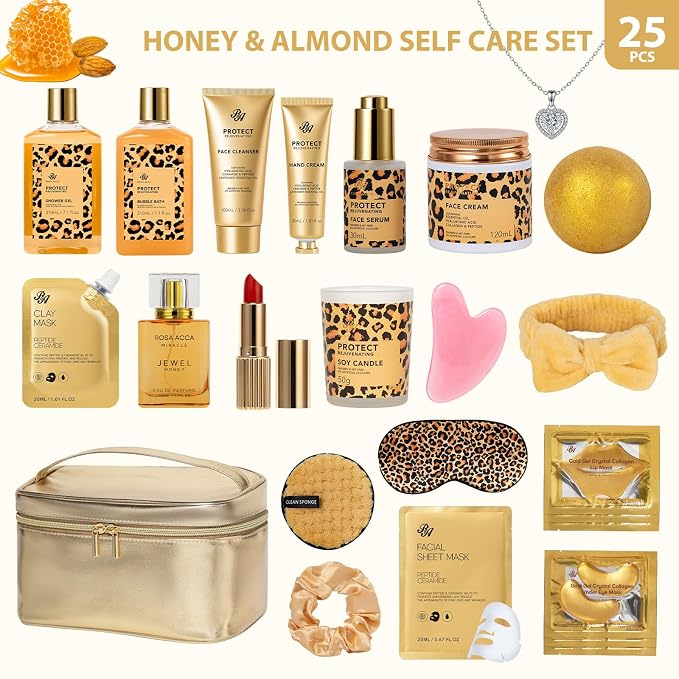 25 Pcs Mother's Day Gift, Honey & Almond Bath & Body Gift Set for Women, Hydrating Skin Care Kit, Spa Gift, Cosmetic Bag, Necklace, Anniversary, Christmas, Birthday, Valentines, Wife