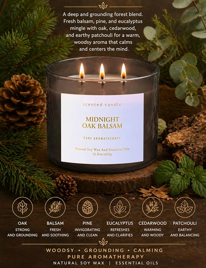 Midnight Oak Balsam 3-Wick Scented Candle | 15.8 oz Large Balsam Cedar Woodsy Soy Wax Candle for Home | Forest Calming Scented Candle | Clean Burning, Long Lasting | Candle Gift for Men & Women