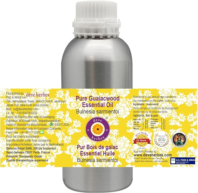 Deve Herbes Pure Guaiacwood Essential Oil (Bulnesia sarmientoi) with Glass Dropper Steam Distilled 15ml (0.50 oz)