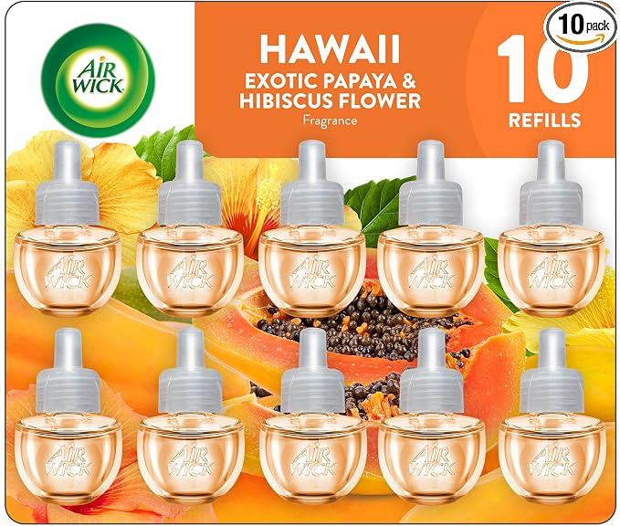 Air Wick Plug-In Scented Oil Refills, 10 Count, Hawaii Exotic Papaya and Hibiscus Flower, Air Freshener, Essential Oils, Eco Friendly