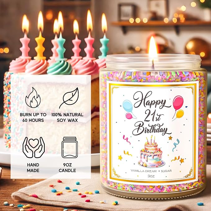 VEGISHINE 21st Birthday Candles Gifts for Women- 9 oz Happy Birthday Candle with Vanilla Birthday Cake Scent, Gifts for Women & Men, Friendship Ideas