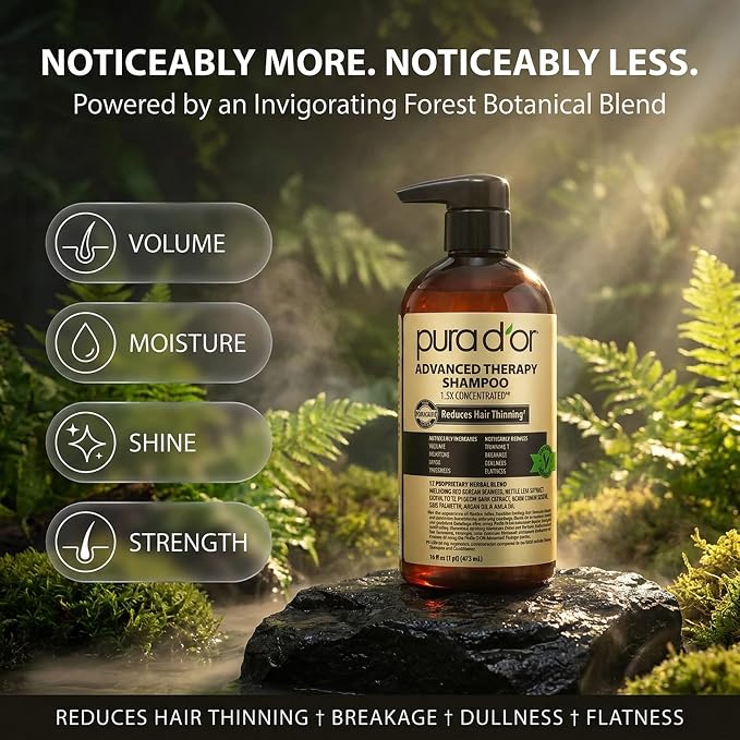PURA D'OR Advanced Therapy Shampoo Reduces Hair Thinning & Increases Volume, No SLS, Biotin Shampoo Infused w/Argan Oil, Aloe Vera for All Hair Types, Men & Women, Invigorating Forest Scent 16 Fl Oz