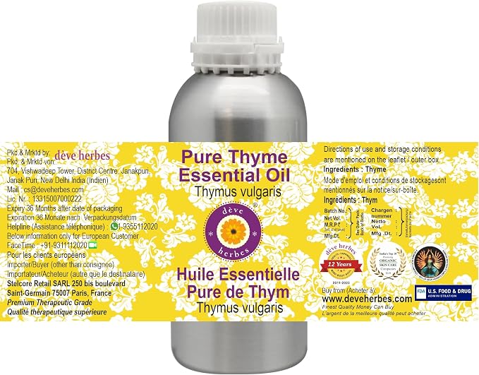 Deve Herbes Pure Thyme Essential Oil (Thymus vulgaris) Steam Distilled 300ml (10 oz)