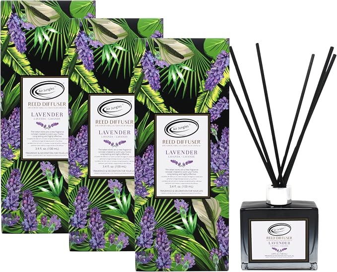 Air Jungles Lavender Scent Reed Diffuser Set with Sticks 3.4 fl oz (Pack of 3), Long-Lasting Essential Oil Air Freshener for Bathroom, Office, Gym, and Bedroom Fragrance Freshener