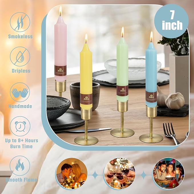 Pastel Short Taper Candle 7 Inch Candlesticks Unscented Dripless Tapered Candle Set for Home Decor Wedding Party Dinner Candles, 4 Pack