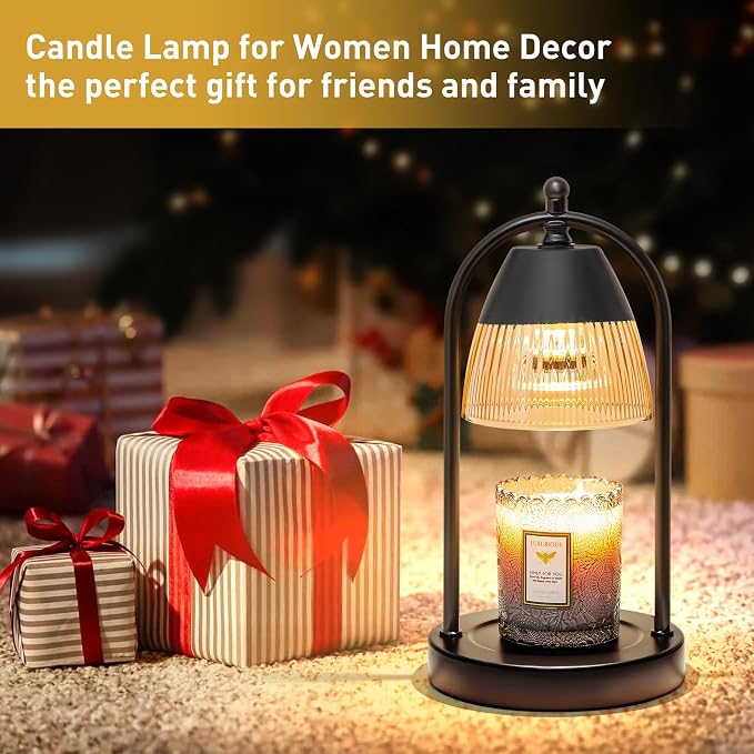 GyroVu Candle Warmer Lamp with Timer, 3-Level Dimmable Candle Lamps with Glass Shade, Electric Candle Light Wax Melt Warmer for Scented Wax, Black Warmer Lamp for Women Home Decor (2 Bulbs Included)