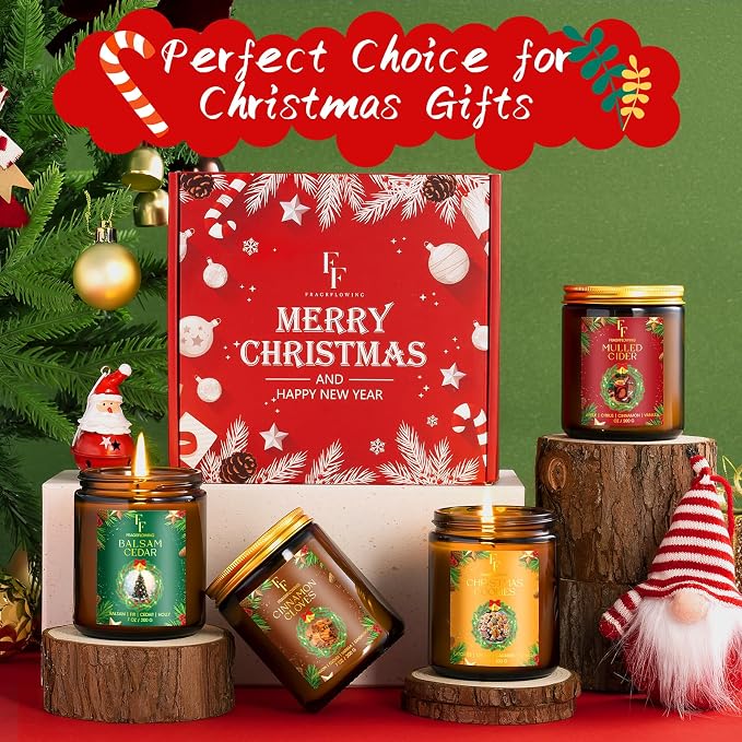 Christmas Candles Set, Scented Candles for Home, 4 Pack Holiday Natural Soy Candles, Christmas Gifts for Women Men, Festival Fragrance of Balsam Cedar/Cookies/Mulled Cider/Cinnamon