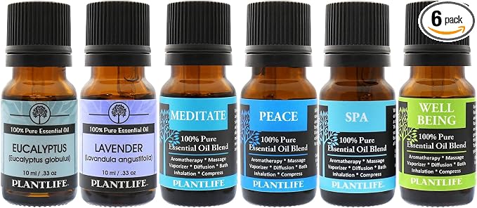 Plantlife Spa Home Essential Oil Gift Set 6-Pack (Eucalyptus, Lavender, Meditate, Peace, spa, and Well Being) Aromatherapy Essential Oil Set - No Additives or Fillers - Made in California 10 ml