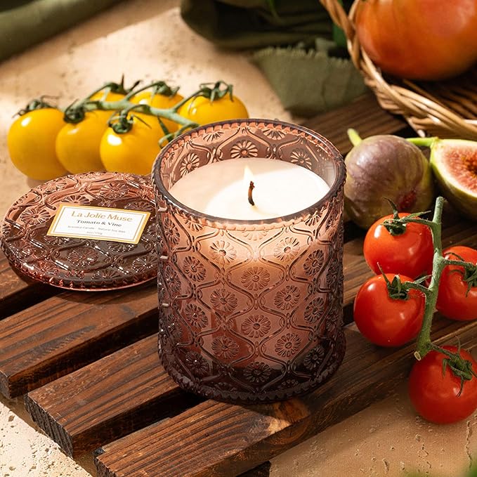 LA JOLIE MUSE Tomato & Vine Candle - Tomato Leaf, Rose, Moss | 6 oz Natural Soy Wax | 40 Hours Clean Burn | Fresh Garden Scented Candle | Gift-Ready for Hosts & Gatherings