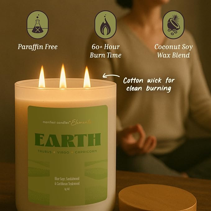 Large 14.5oz 3 Wick Zodiac Earth Taurus Virgo Capricorn Zodiac Gifts for Women - 60 Hour Burn - Astrology Gifts for Women, Healing Manifestation Spiritual Candles, Intention Meditation Candle