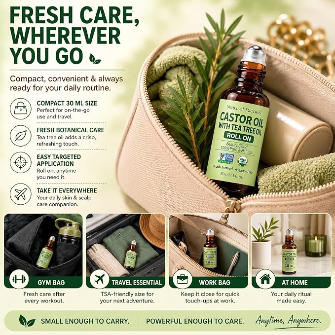 Natural Riches Castor Oil with Tea Tree Oil – Glass Roll-On Bottle for Hair Growth, Eyelashes & Eyebrows – Cold Pressed, 100% Pure, Scalp Care for Dry, Itchy Scalp – Travel Size Roller 1 fl oz.