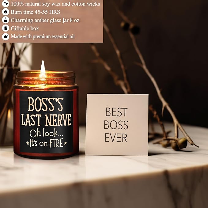 Boss's Last Nerve Candle - Funny Boss Gifts for Women Men - Relaxing Gift for Boss Female, Boss Lady - Fun Bosses Day, Birthday, Thank You for Coworker Nurse Friend - Natural Soy Wax Candle